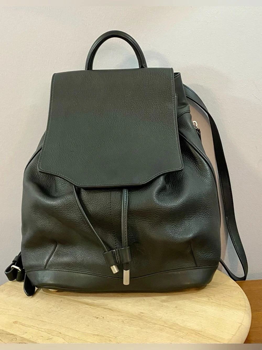 Rag & Bone Pilot Black Leather Backpack Flap Drawstring Top Handle Classic READ*